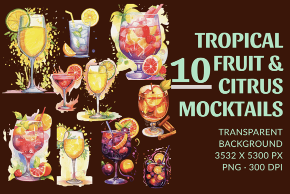 10 Watercolor Mocktail Cocktail Clip Art Illustrations