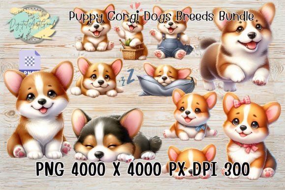 7 Puppy Corgi Dogs Breeds Watercolor PNG Illustrations