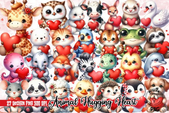 Animal Hugging Heart Watercolor Clipart Illustrations