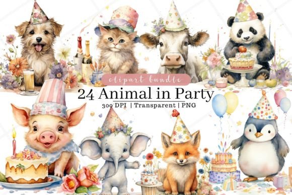 Animal in Party Watercolor Clipart for Embroidery