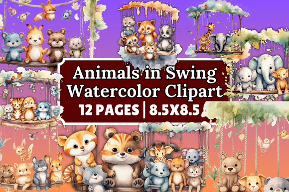 Animals in Swing Watercolor Clipart: Editorial Illustrations