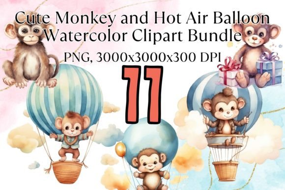 Baby Monkey Hot Air Balloon Watercolor Illustrations