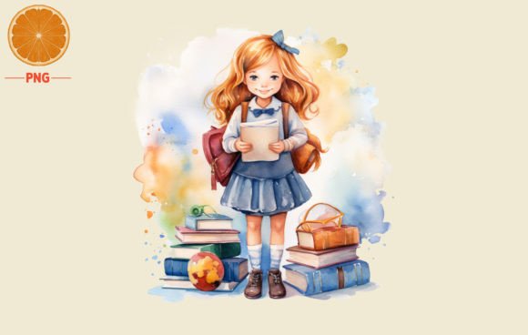 Back to School Book with Girl Watercolor Illustrations