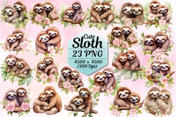Cute Sloths Couple Watercolor Clipart Illustrations
