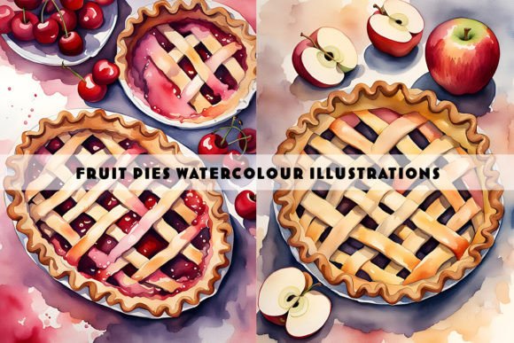 Fruit Pies Watercolour Duo: Cherry Apple Illustrations