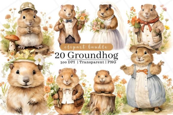 Groundhog Watercolor Clipart: Editorial Illustrations
