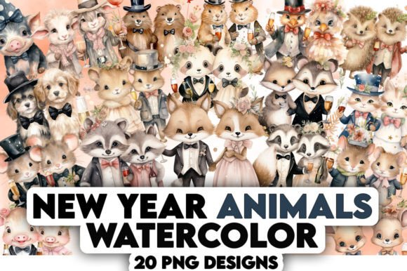 Happy New Year Cute Watercolor Animals Illustrations
