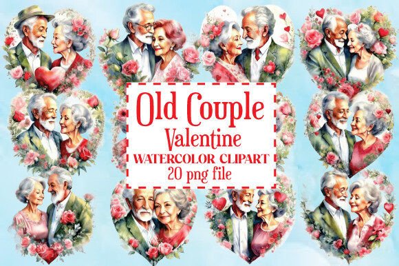 Old Couple Valentine Watercolor Clipart: Editorial Illustrations