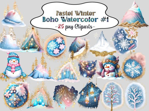 Pastel Winter Boho Watercolor Illustrations for Crafters