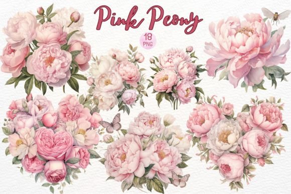 Pink Peony Watercolor Sublimation PNG Illustrations