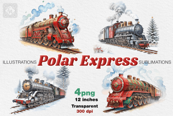 Polar Express Watercolor Cliparts: 4 PNG Illustrations