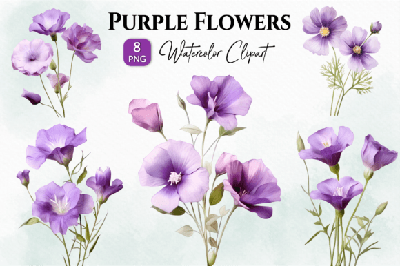 Purple Wild Flowers Watercolor Clipart Illustrations