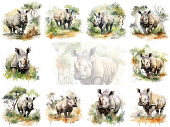 Rhino Watercolor Clipart Images Set: Illustrations Review