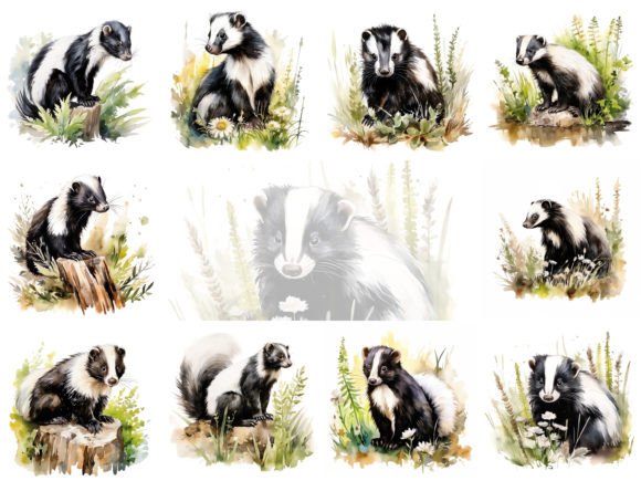 Skunk Watercolor Clipart Illustrations for Sellers