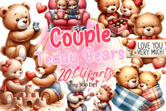 Teddy Bears Couple Valentine Watercolor Illustrations