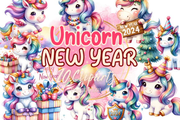 Unicorn New Year 2024 Party Watercolor Illustrations Review