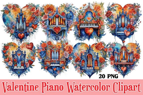 Valentine Piano Watercolor Clipart: Illustrations for Branding