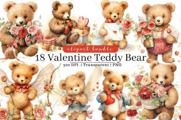 Valentine Teddy Bear Watercolor Clipart Illustrations