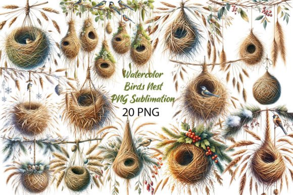 Watercolor Birds Nest PNG Sublimation Illustrations