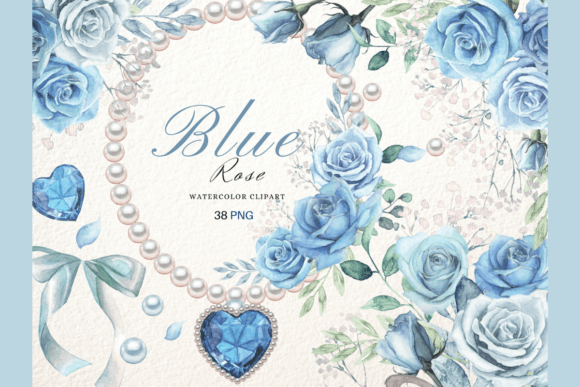 Watercolor Blue Rose Elements Clipart Illustrations