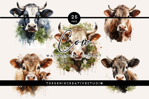 Watercolor Cow PNG Clipart: Illustrations for Branding