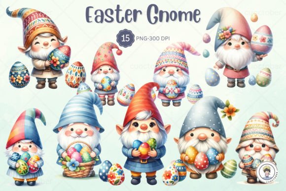 Watercolor Cute Easter Gnome Clipart Illustrations