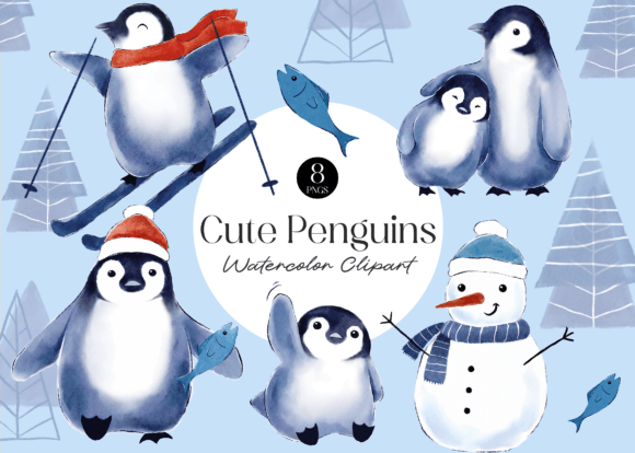 Watercolor Cute Penguins Clipart: Editorial Illustrations