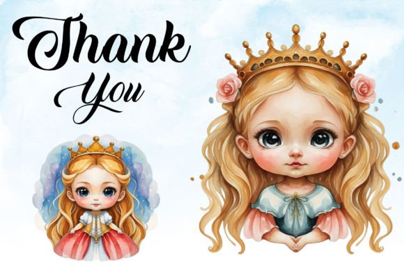Watercolor Cute Princess Clipart PNG: Editorial Illustrations