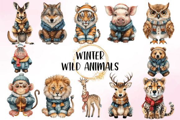 Watercolor Cute Winter Animals Clipart Illustrations