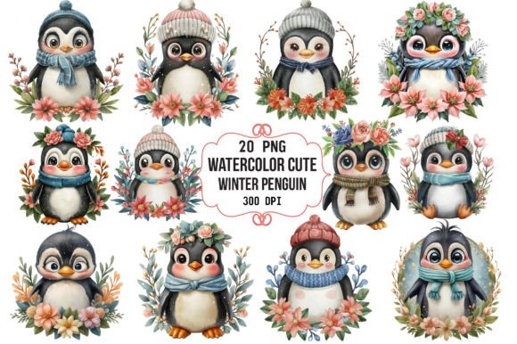 Watercolor Cute Winter Penguin Flower Illustrations