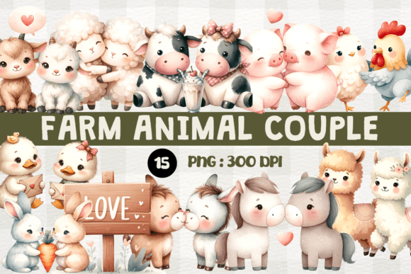 Watercolor Farm Animal Valentine Couple Illustrations