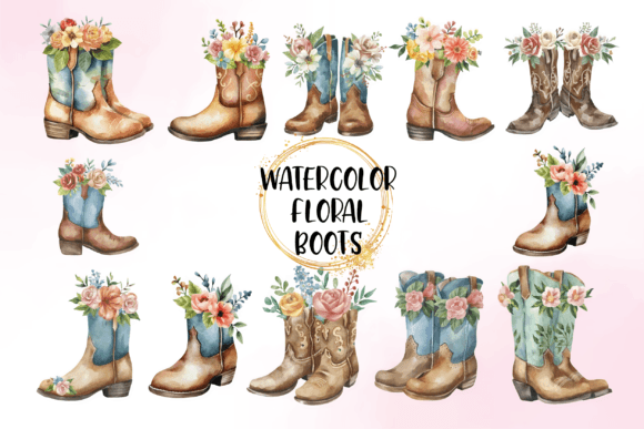 Watercolor Floral Western Boots Clipart Illustrations