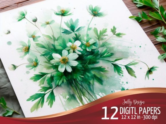 Watercolor Green Flowers on Wooden Table Illustrations