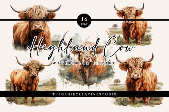Watercolor Highland Cow PNG Clipart Illustrations