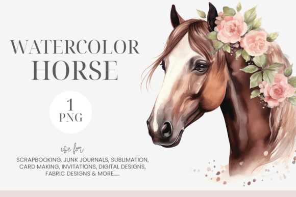 Watercolor Horse with Pink Flowers: Editorial Illustrations