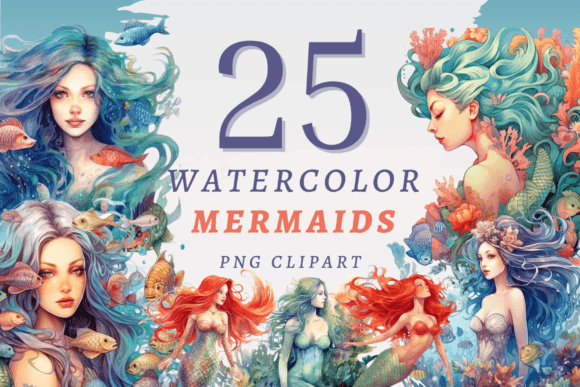 Watercolor Mermaids PNG Bundle: Illustrations for Sellers