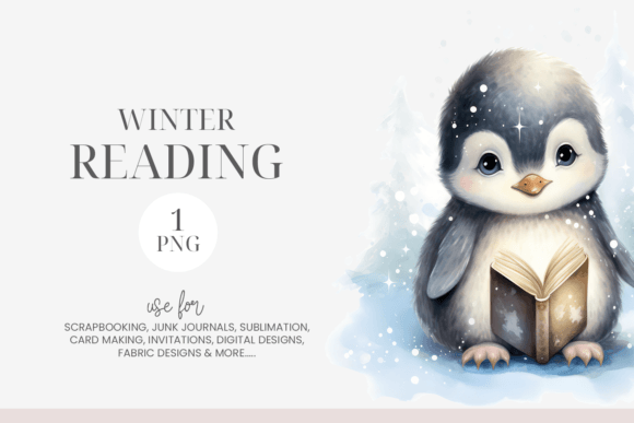 Watercolor Penguin Reading Clipart PNG for Illustrations