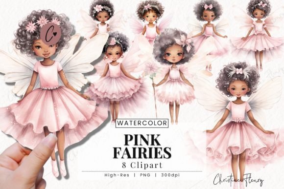 Watercolor Pink African American Fairies Illustrations