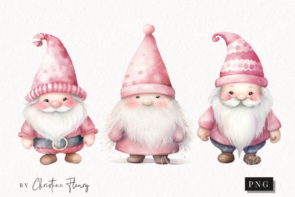 Watercolor Pink Christmas Gnomes Illustrations