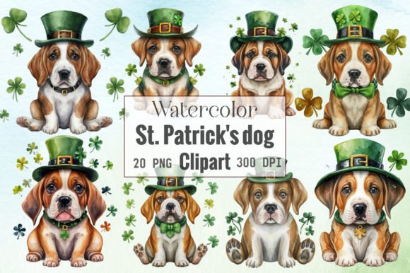 Watercolor St. Patrick's Dog Clipart Illustrations