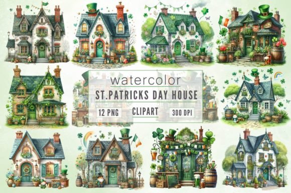 Watercolor St.Patricks Day House Clipart Illustrations