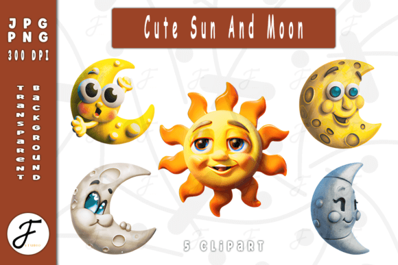 Watercolor Sun and Moon Clipart for Embroidery