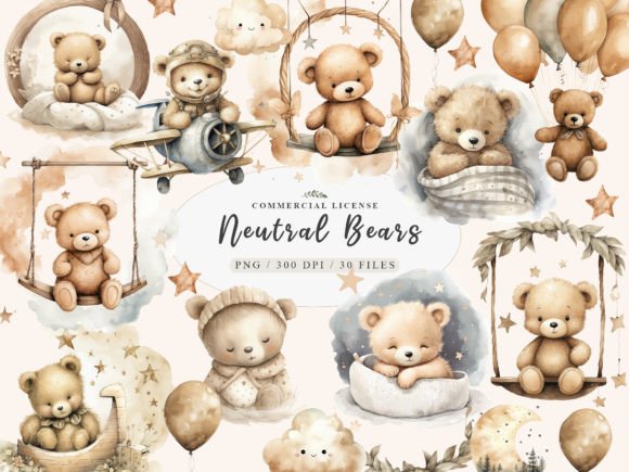 Watercolor Teddy Bear Clipart Illustrations for Crafting