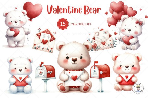 Watercolor Valentine Cute Bear Clipart Illustrations