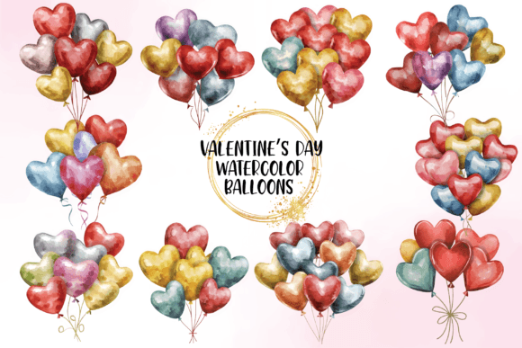 Watercolor Valentines Balloon Clipart Illustrations