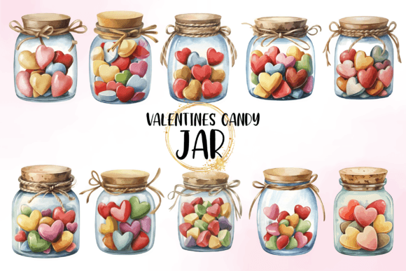 Watercolor Valentines Candy Jar Illustrations for Editorial Use