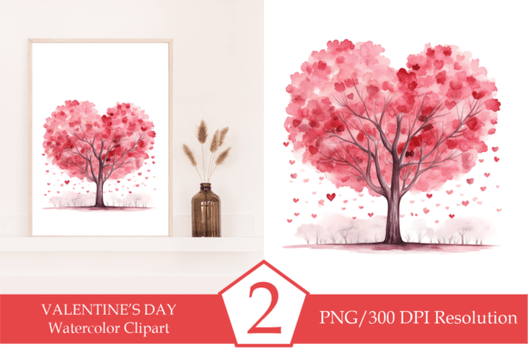 Watercolor Valentines Day Tree Heart Illustrations