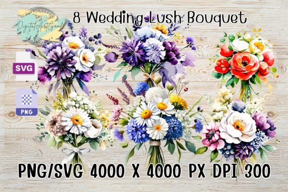 Wedding Lush Bouquet Flowers Watercolor Illustrations